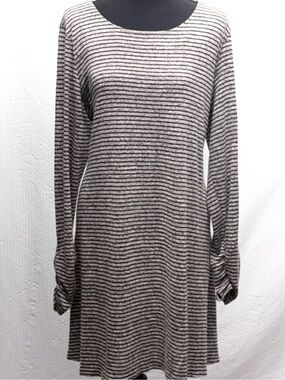 R&K Originals Striped Knit A-Line Dress w/ Ruched Sleeves Blk Gry Tan Women 18